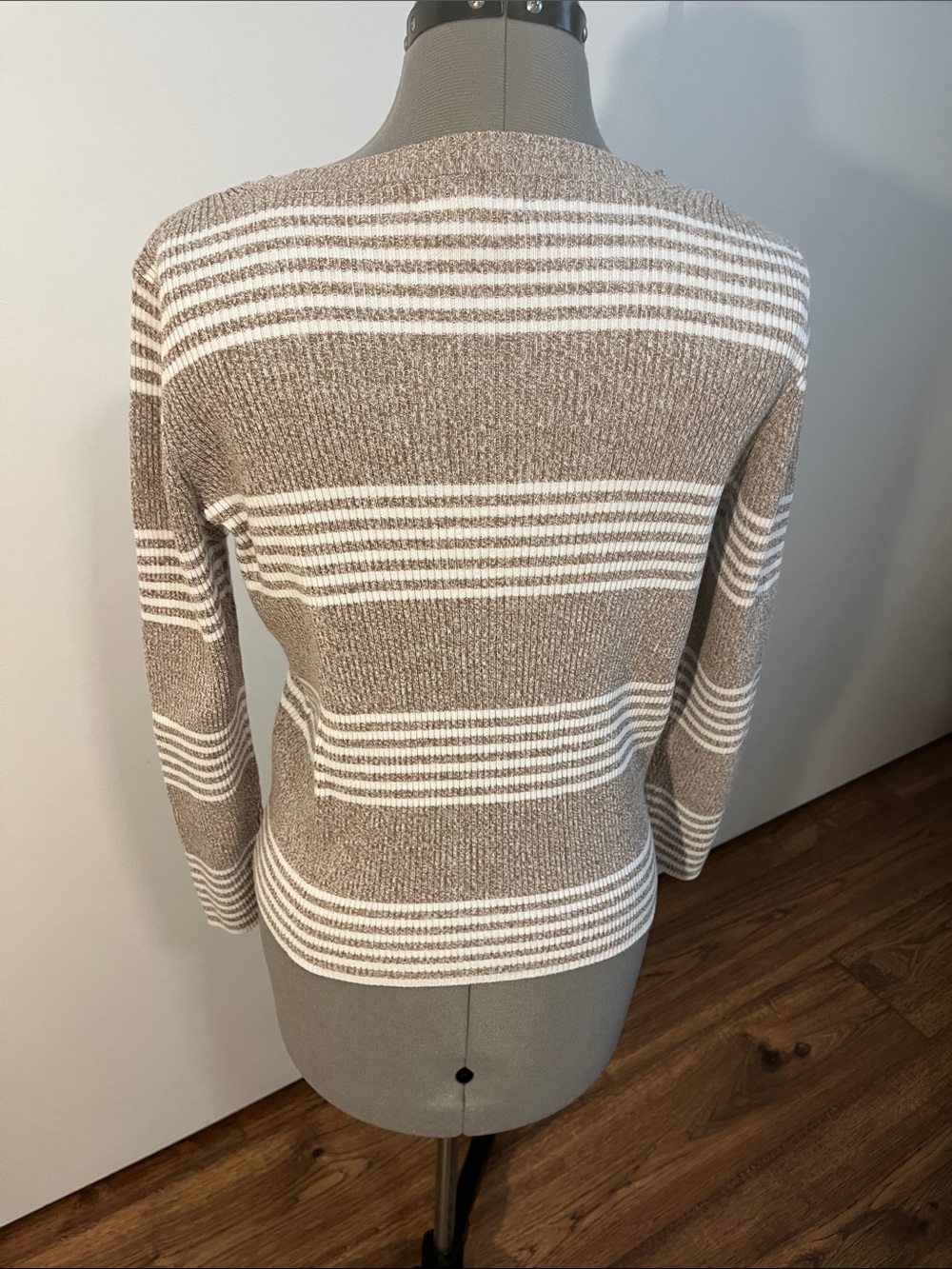 Karen Scott Taupe and White Striped V-Neck Sweater - Picture 3 of 3